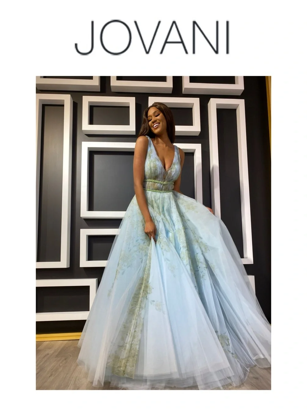 JOVANI Multi Print Plunging Neckline Ballgown